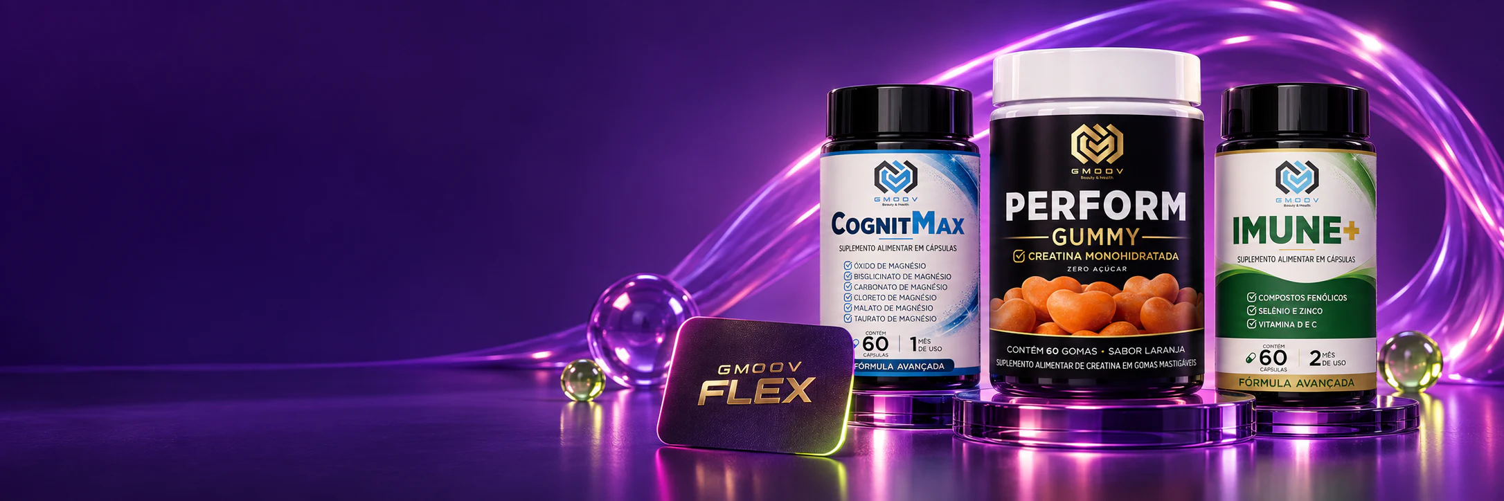 Produtos CognitMax, Perform Gummy e Imune+ com a identidade GMOOV FLEX